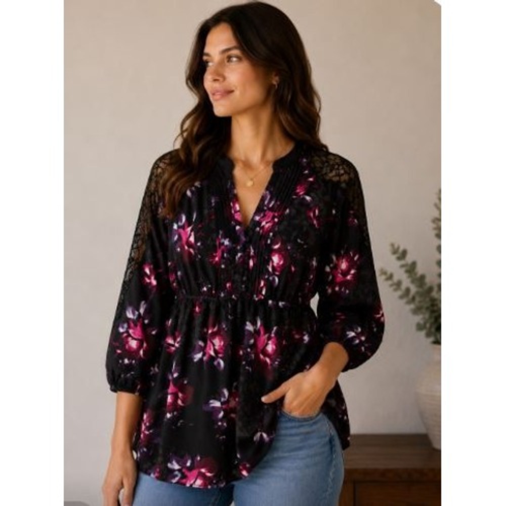 Floral Lace Shoulder Top Large Black Purple Pleated Tunicโ Goth Feminine Office